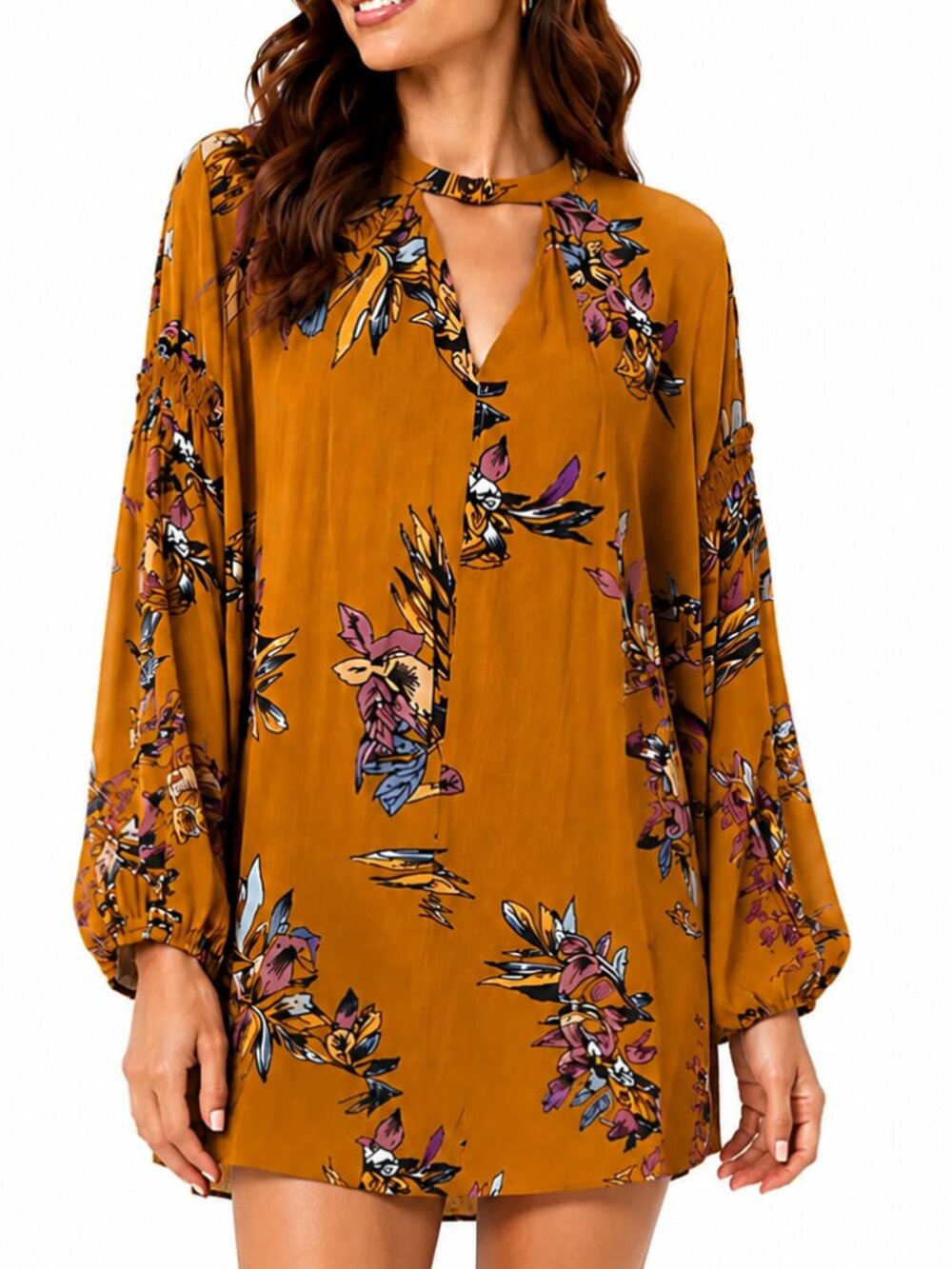 SIMIDA STAR Boho Floral Long Sleeve Tunic Swing Dress Size M NWOT